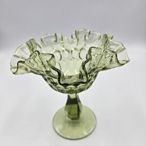 VTG Fenton Glass Thumbprint Pedestal Candy Dish Compote Green #4429 Ruffle Edge